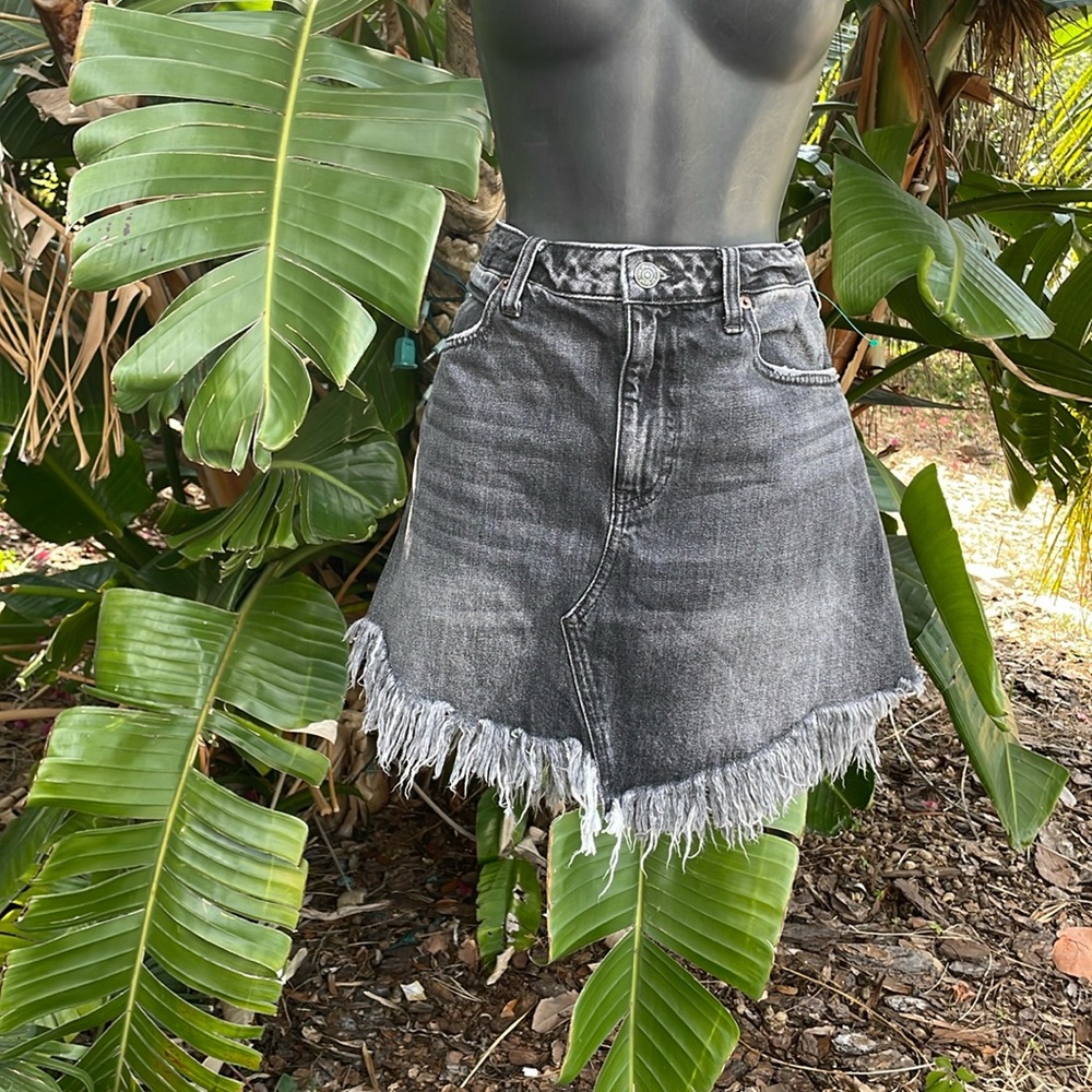 We the free asymmetric gray wash denim mini skirt fringe hem